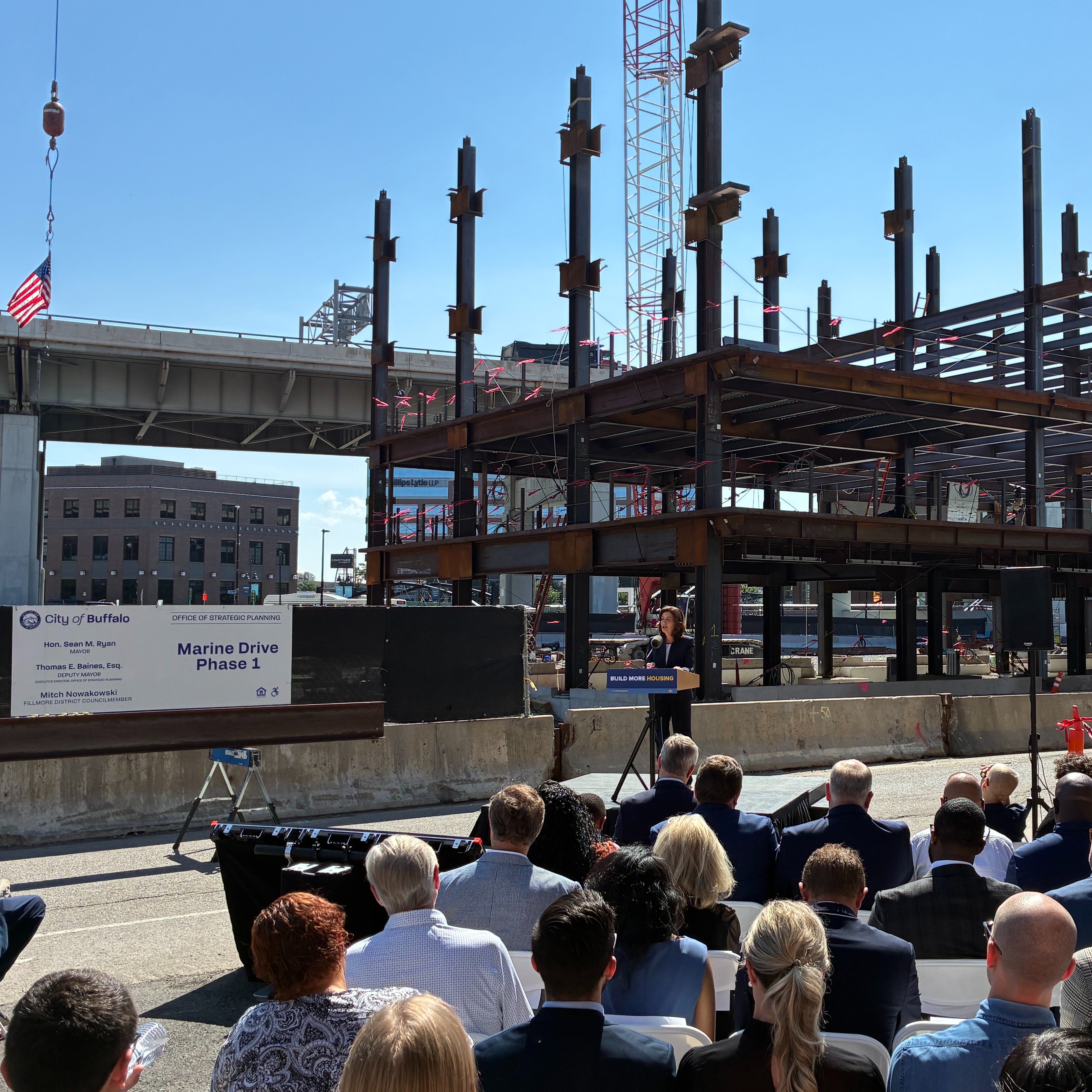 New York Gov. Kathy Hochul celebrates the development of projects in Downtown Buffalo like the Marine Drive apartments and the North Aud Block episode artwork