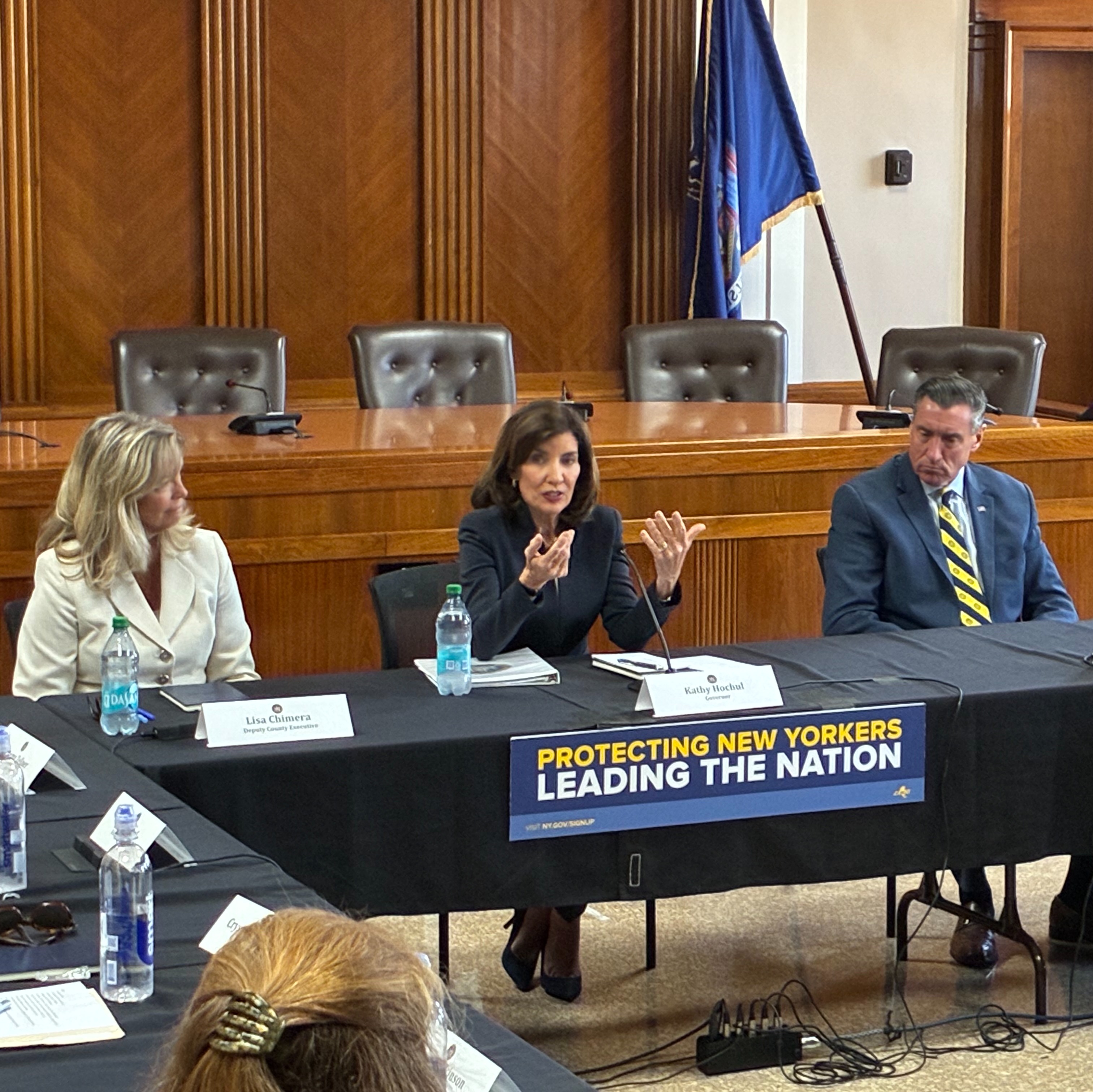 New York Gov. Kathy Hochul takes part in a roundtable discussion with several local delegates and concerned community members over the rapid growth of data centers episode artwork