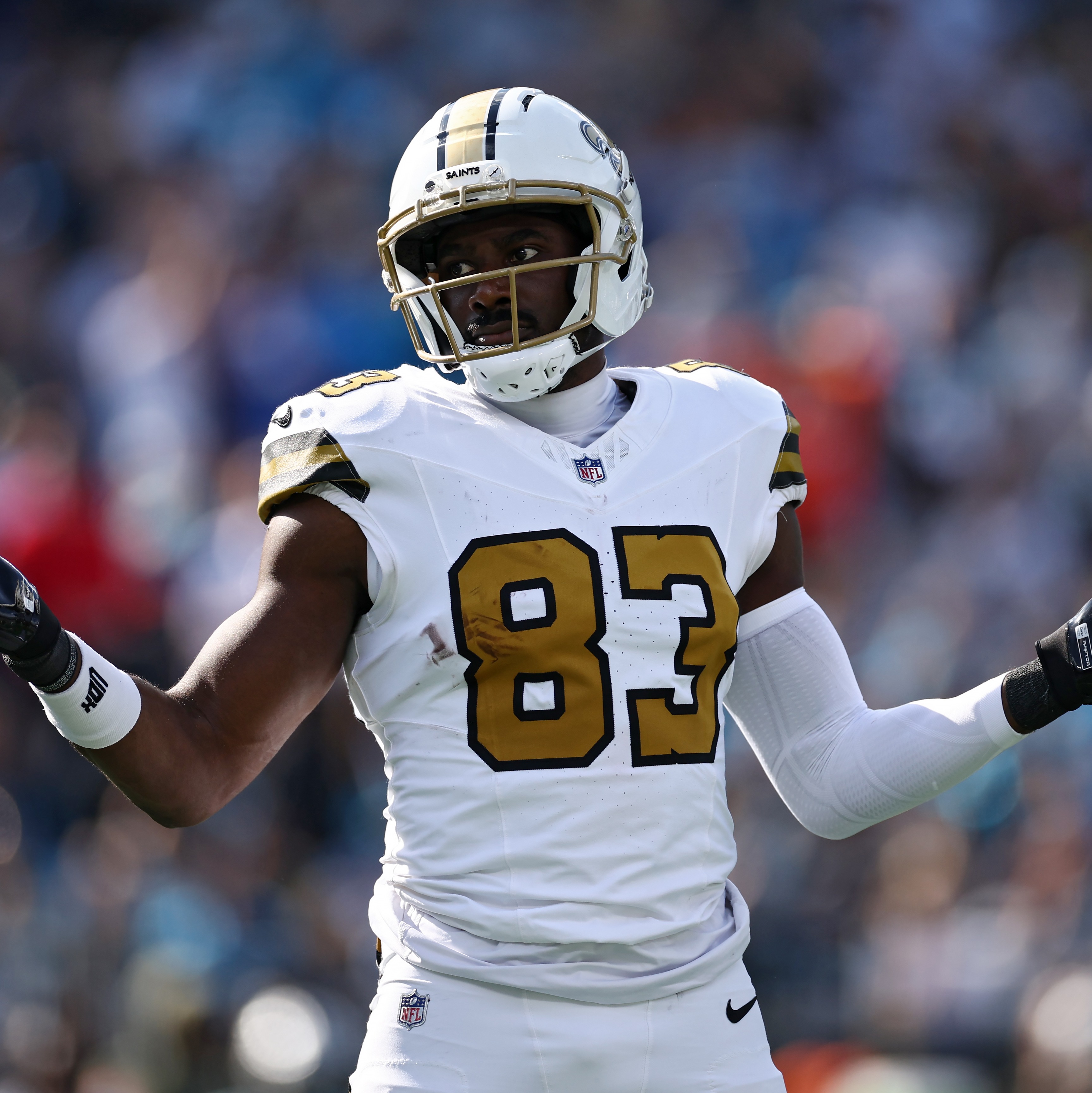 Saints TE Juwan Johnson with sideline reporter Jeff Nowak after the Saints' 17-7 win over Carolina