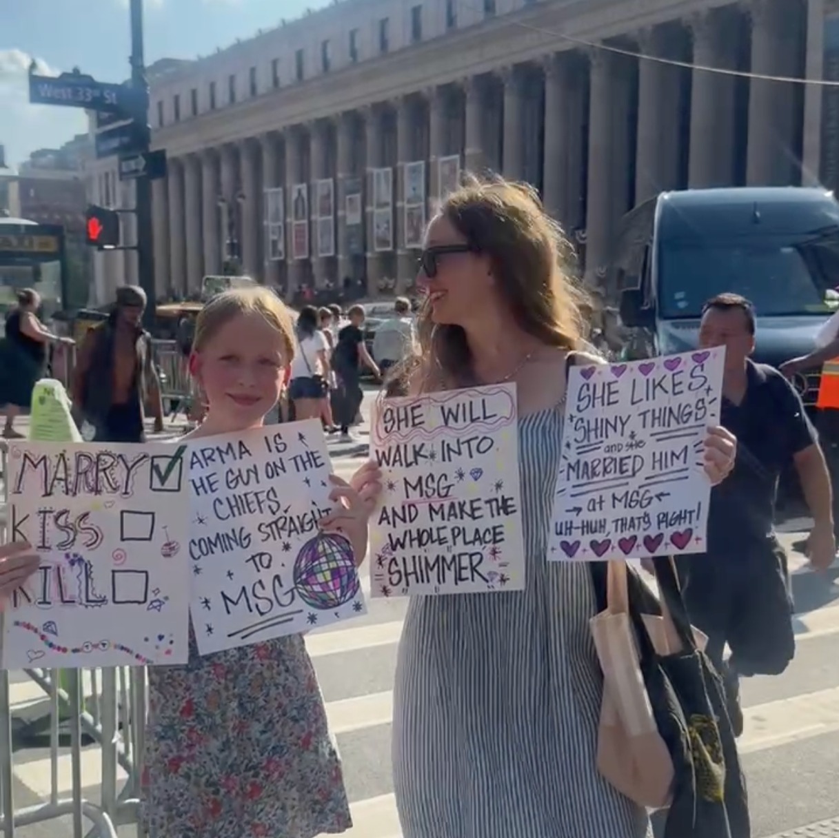 Fans wait outside MSG in hopes of glimpsing Taylor Swift and Travis Kelce's wedding episode artwork