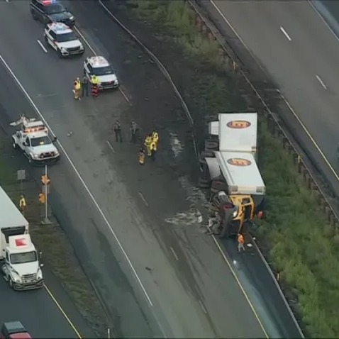 Traffic crawling along I-476 northbound in Delco due to overturned tractor-trailer episode artwork