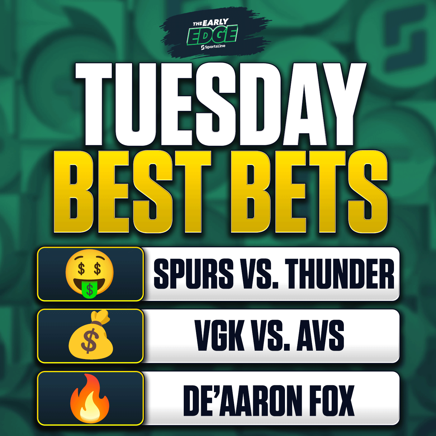 Tuesday's BEST BETS: Spurs vs. Thunder Picks + Golden Knights vs. Avs + MLB episode artwork